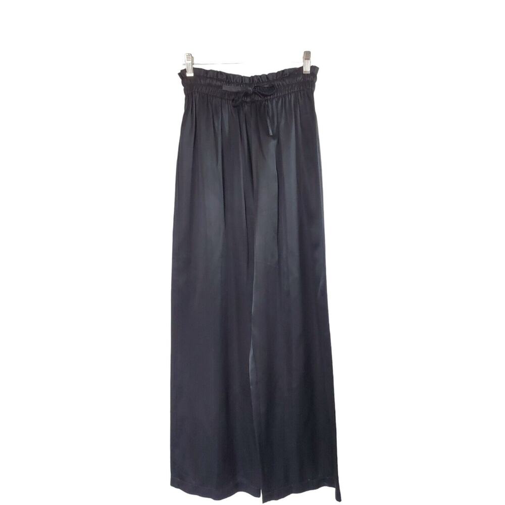 Von Saken Unique Satin Black Paperbag Designer Wide Leg Pants, Size Medium